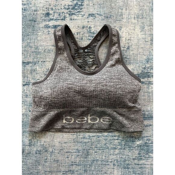 Bebe Heathered Gray Ribbed Knit Athletic Sports Bra w Cut Outs Large - Picture 3 of 6